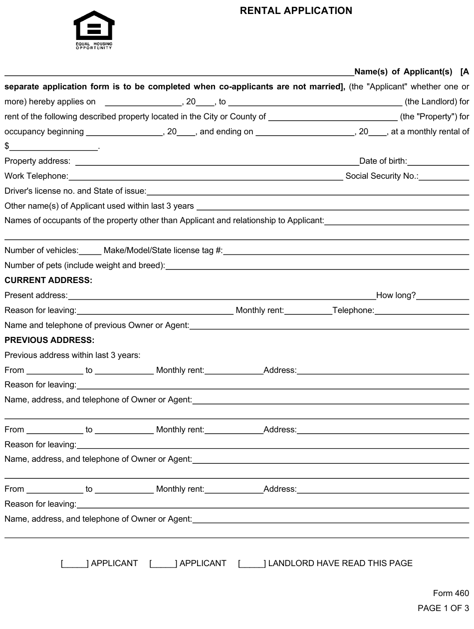 Form 460 Download Fillable PDF Or Fill Online Rental Application