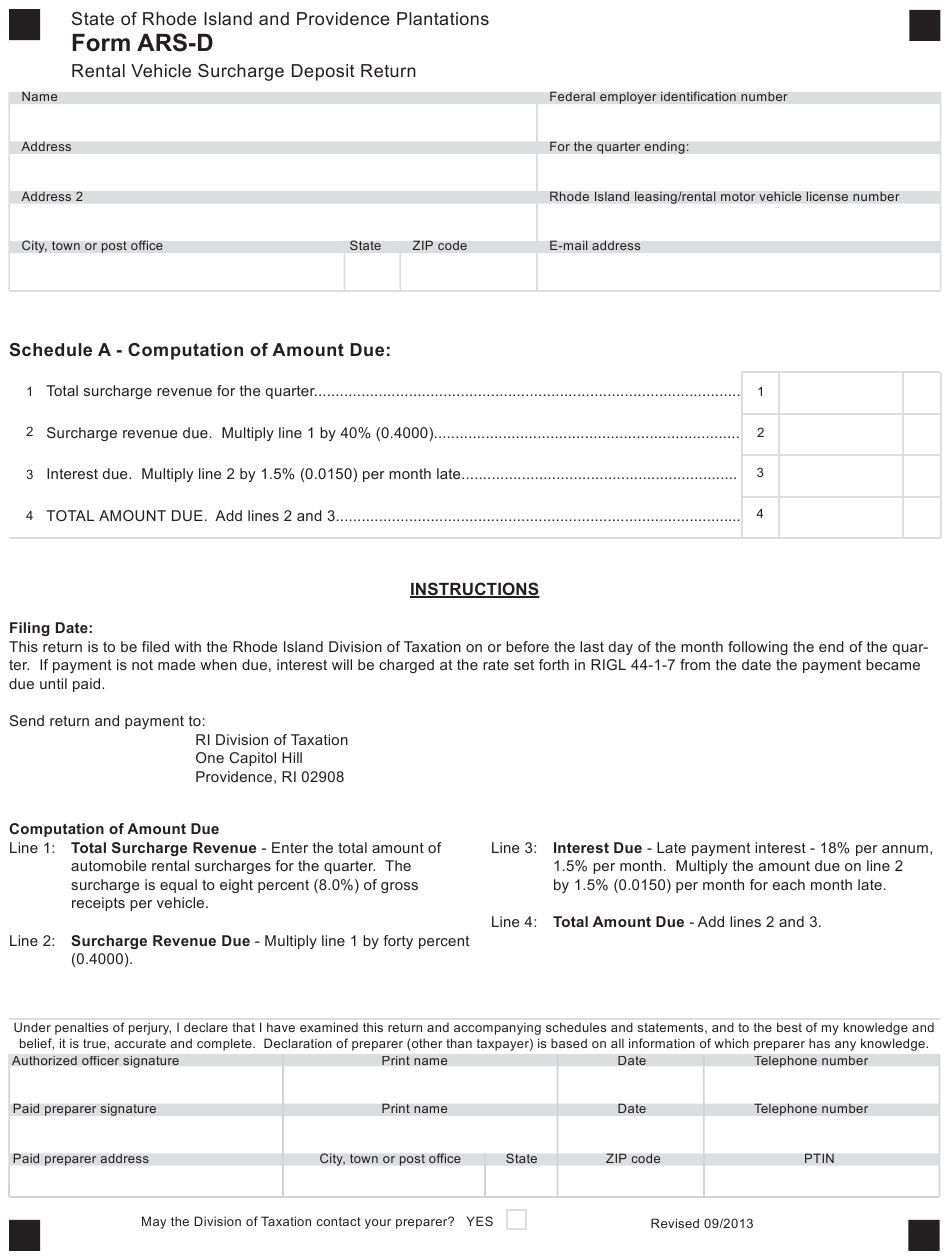 Form ARS D Download Fillable PDF Or Fill Online Rental Vehicle