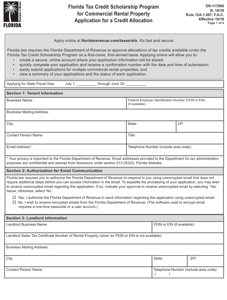 Form DR 117000 Download Printable PDF Or Fill Online Florida Tax Credit 