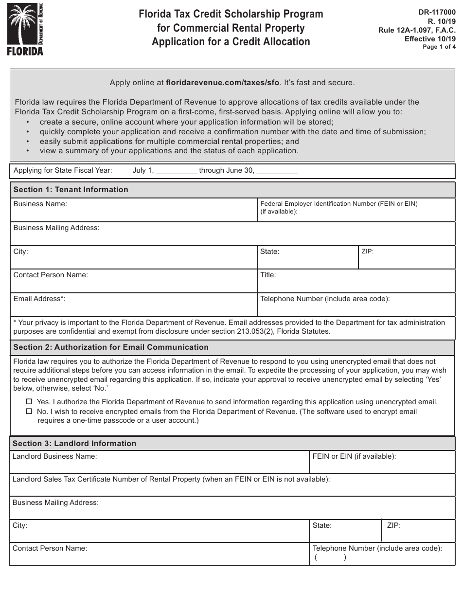 Form DR 117000 Download Printable PDF Or Fill Online Florida Tax Credit