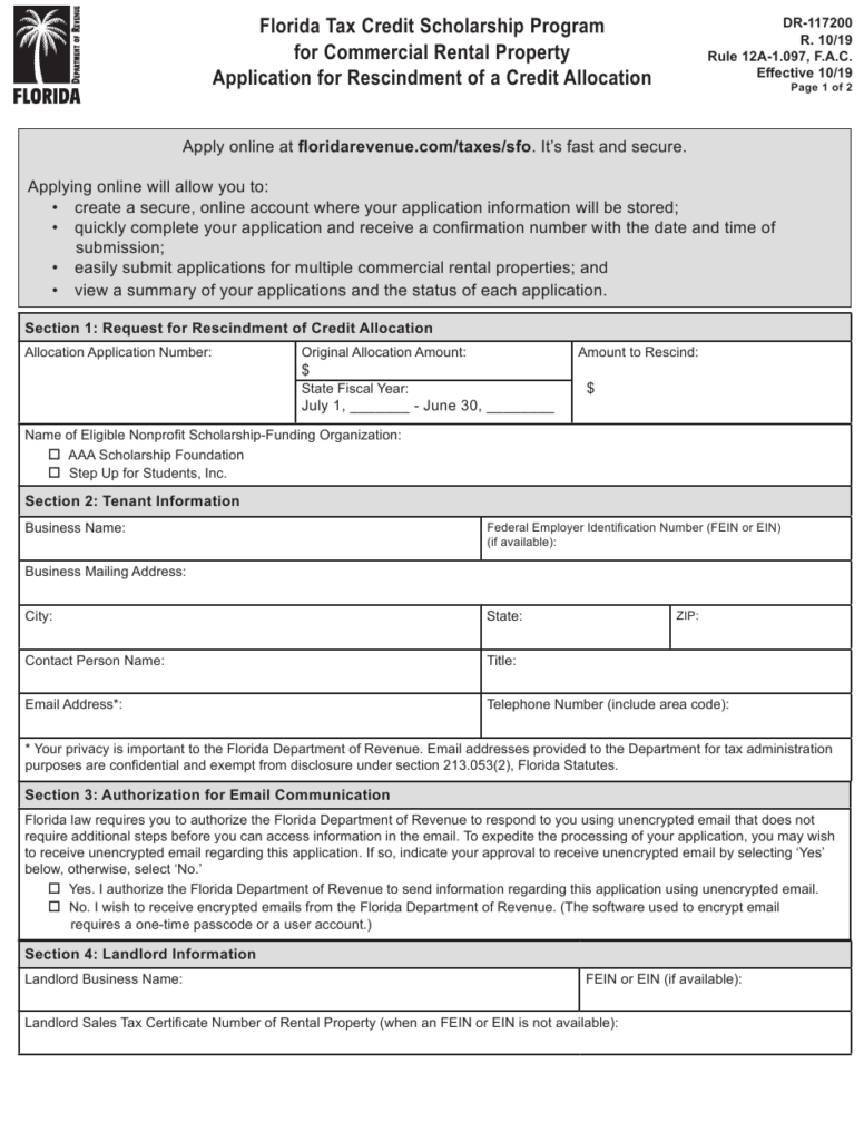 Form DR 117200 Download Printable PDF Or Fill Online Florida Tax Credit 