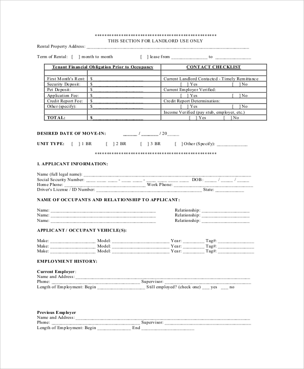 FREE 8 Sample Rental Application Templates In PDF MS Word