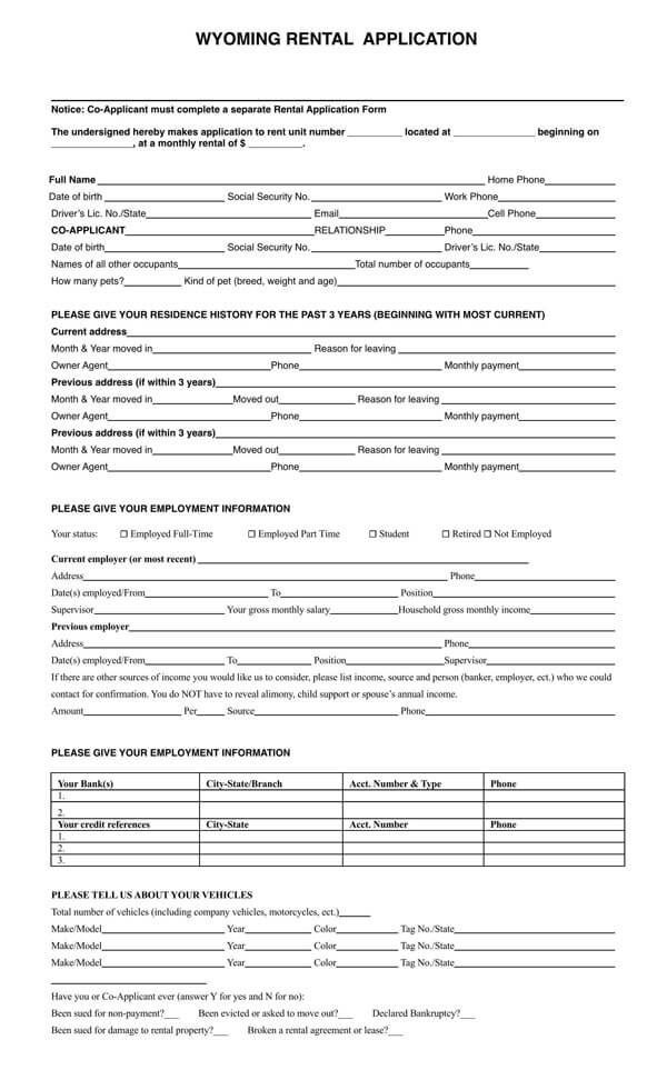 Free Blank Rental Application Forms by State Word PDF