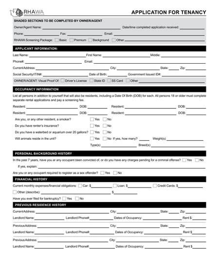 Free Blank Rental Application Forms by State Word PDF