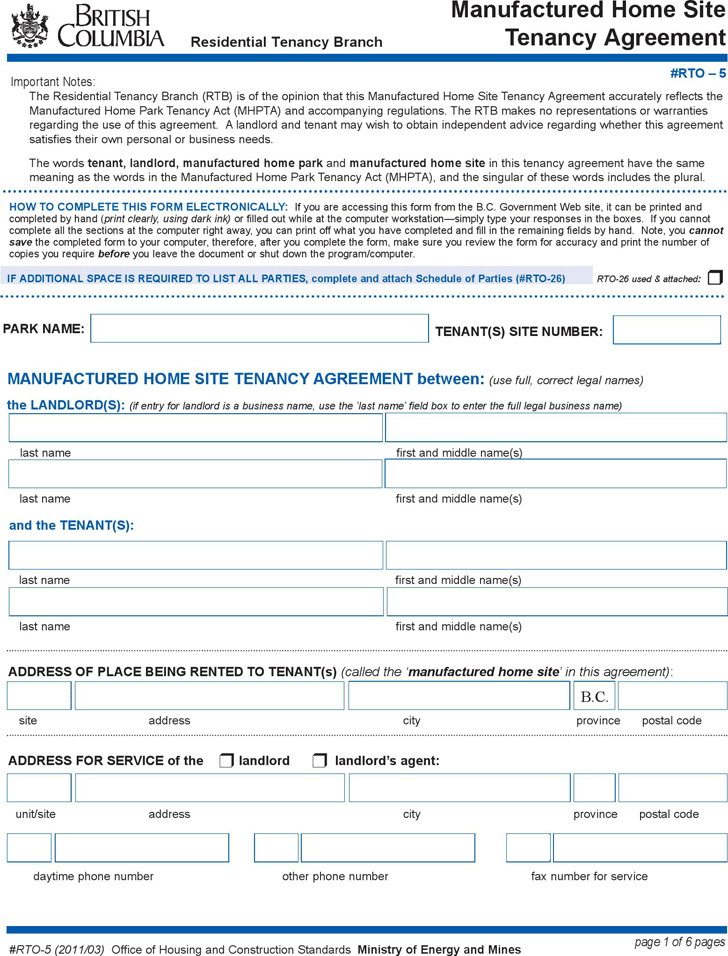 Free British Columbia Manufactured Home Site Tenancy Agreement Form 