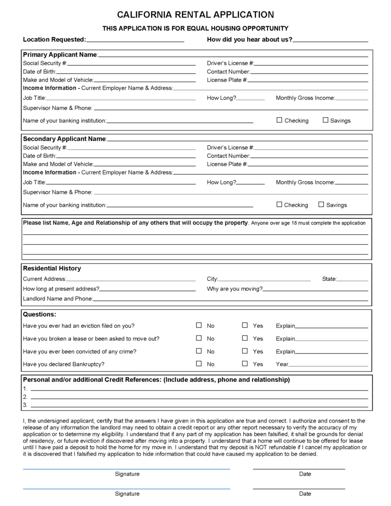 Free California Rental Application PDF MS Word