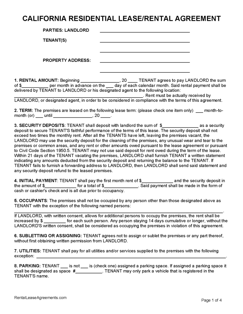 Free California Residential Lease Agreement PDF MS Word