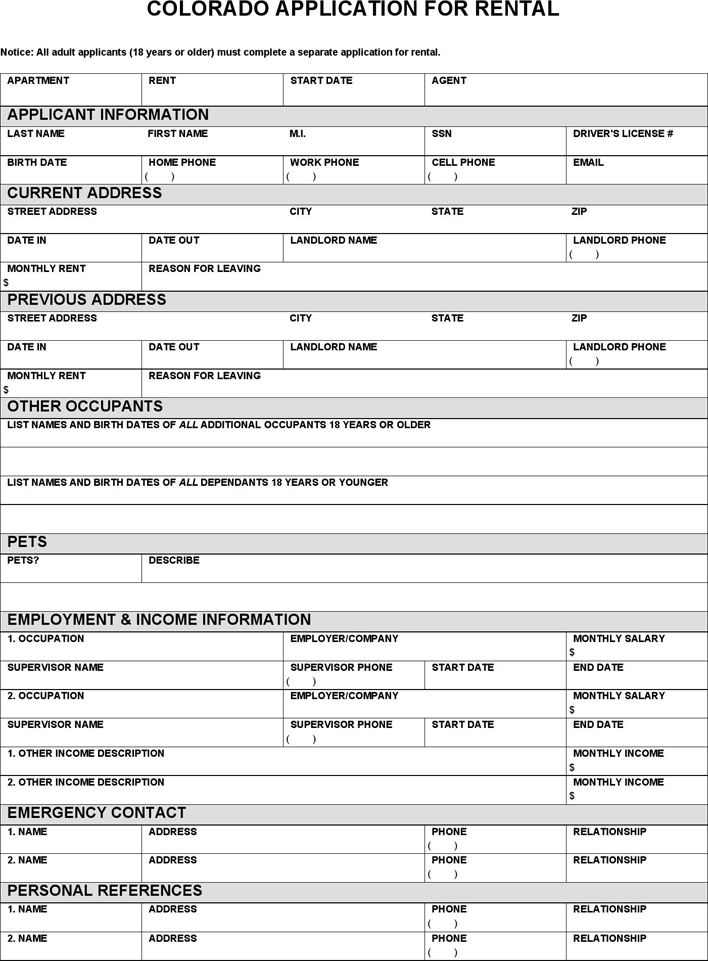 Free Colorado Rental Application Form Doc 441KB 3 Page s