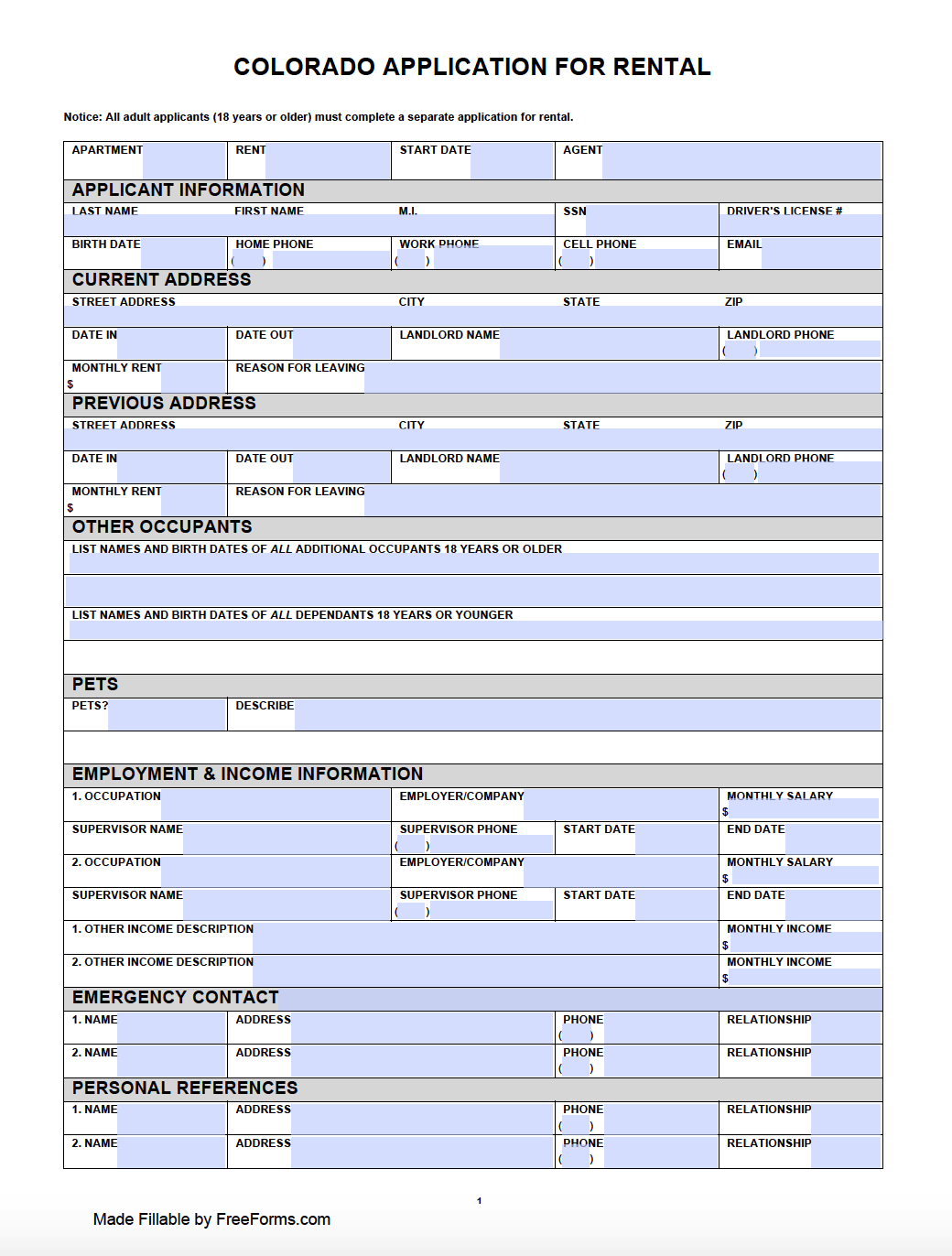 Free Colorado Residential Rental Application Form PDF