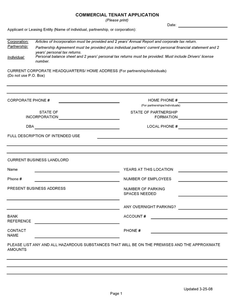 Free Commercial Tenant Application Form PDF Template Form Download