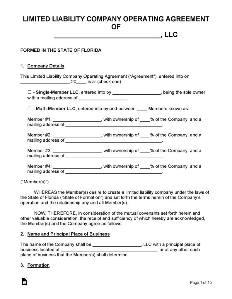 Free Florida LLC Operating Agreement Templates PDF Word EForms