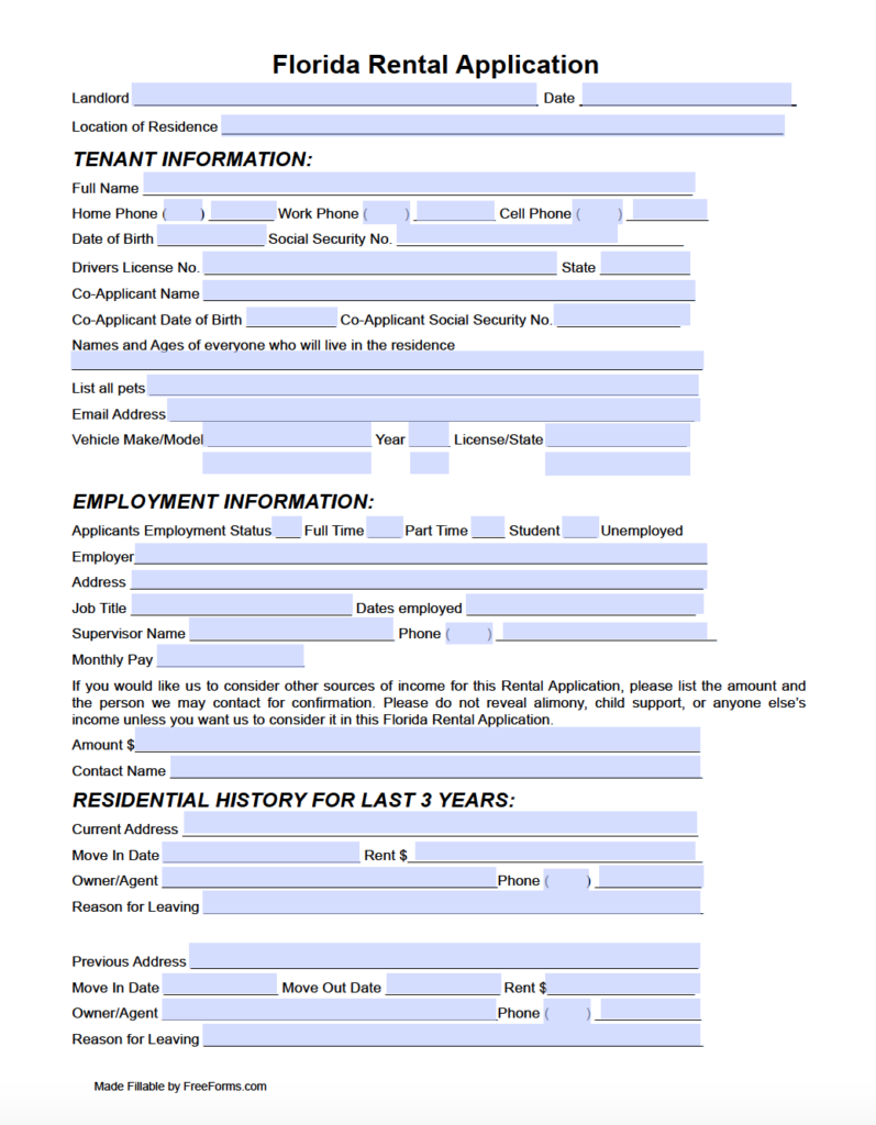 Free Florida Residential Rental Application Form PDF