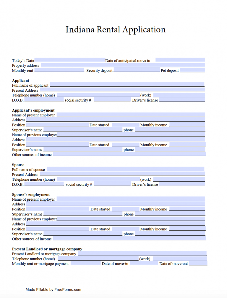 Free Indiana Residential Rental Application Form PDF