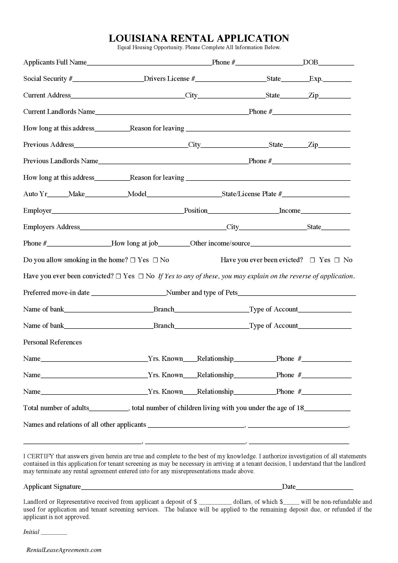 Free Louisiana Rental Application PDF