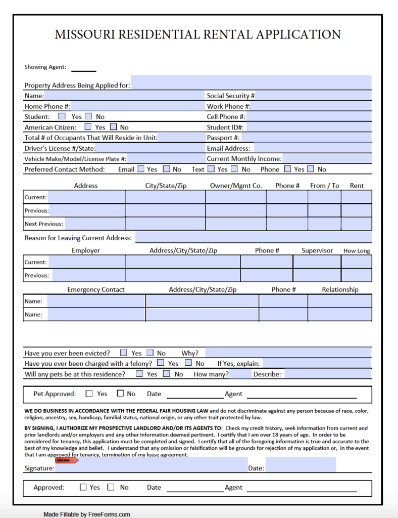 Free Missouri Residential Rental Application Form PDF