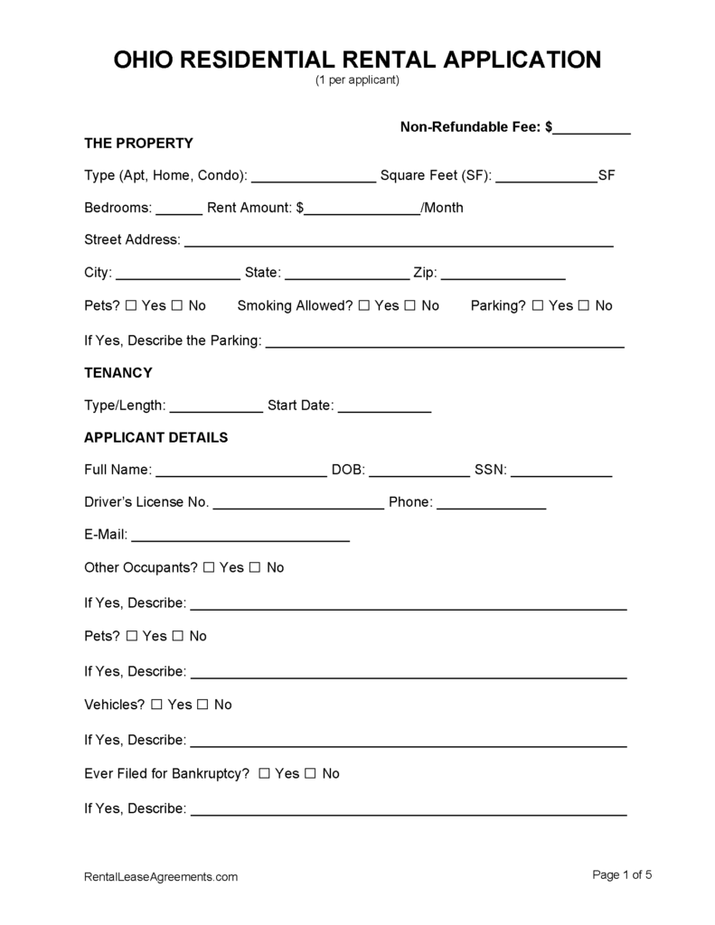 Free Ohio Rental Application PDF MS Word