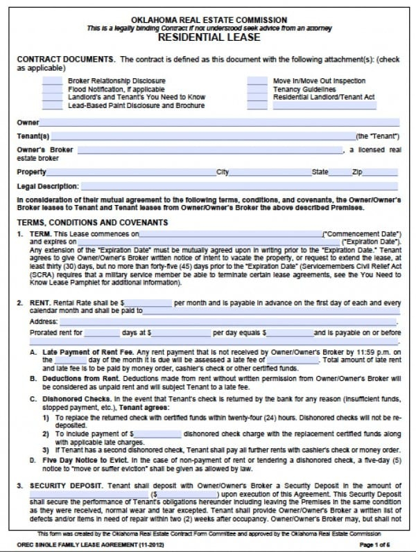 Free Oklahoma Standard One 1 Year Residential Lease Agreement PDF