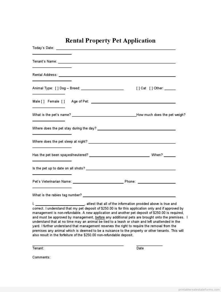 Free Printable Rental Agreement Forms Pet Application