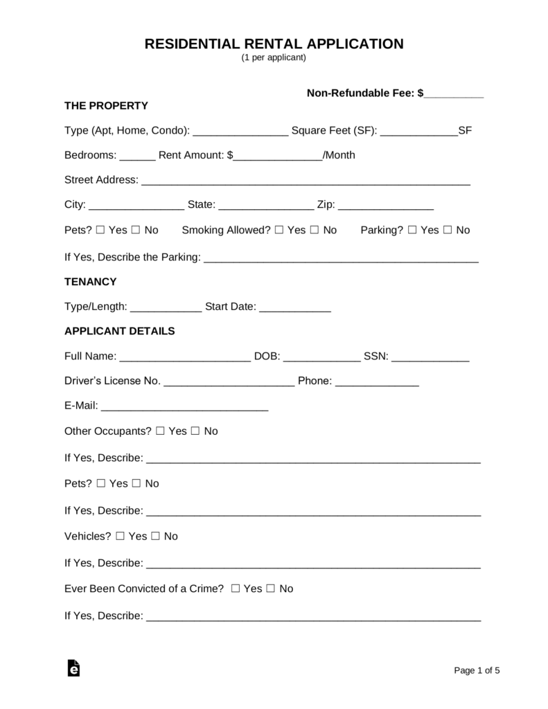 Free Rental Application Form PDF Word EForms