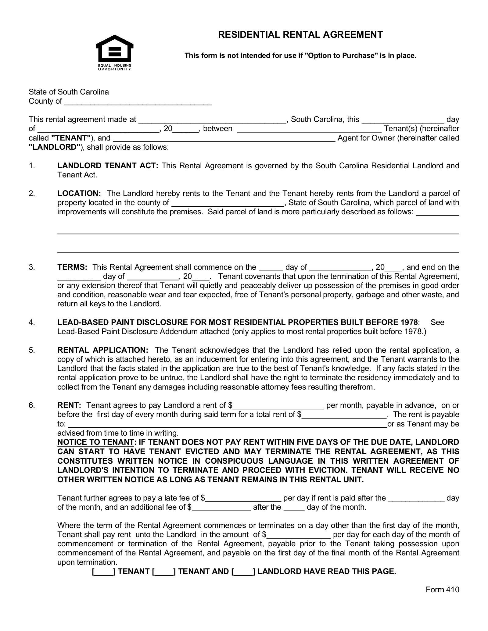 Free South Carolina Association Of Realtors Lease Agreement Form 410