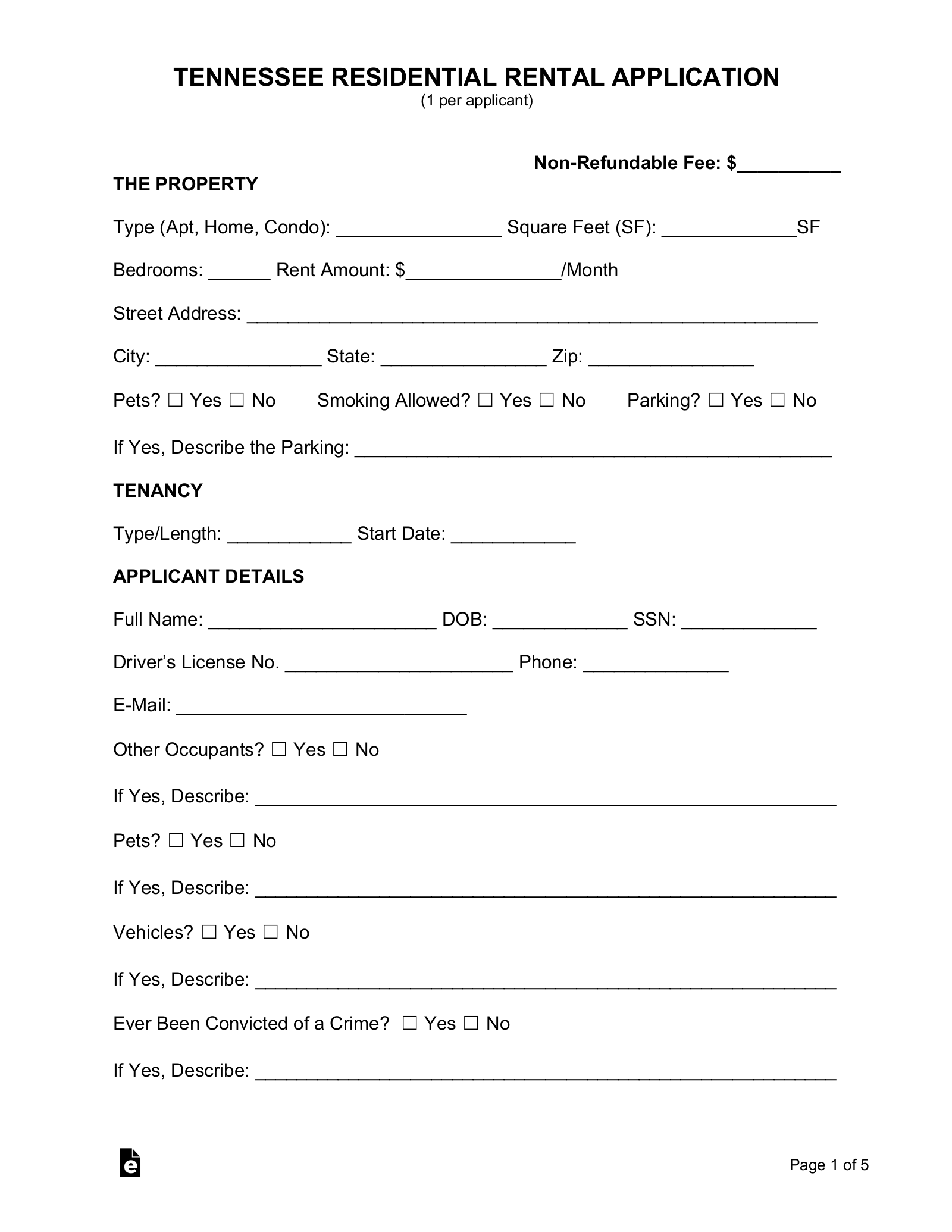 Free Tennessee Rental Application Form Word PDF EForms