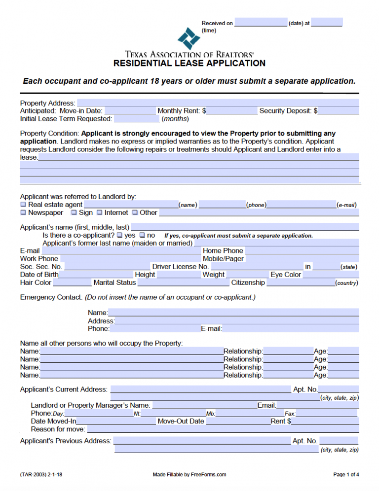 Free Texas Rental Application Form PDF