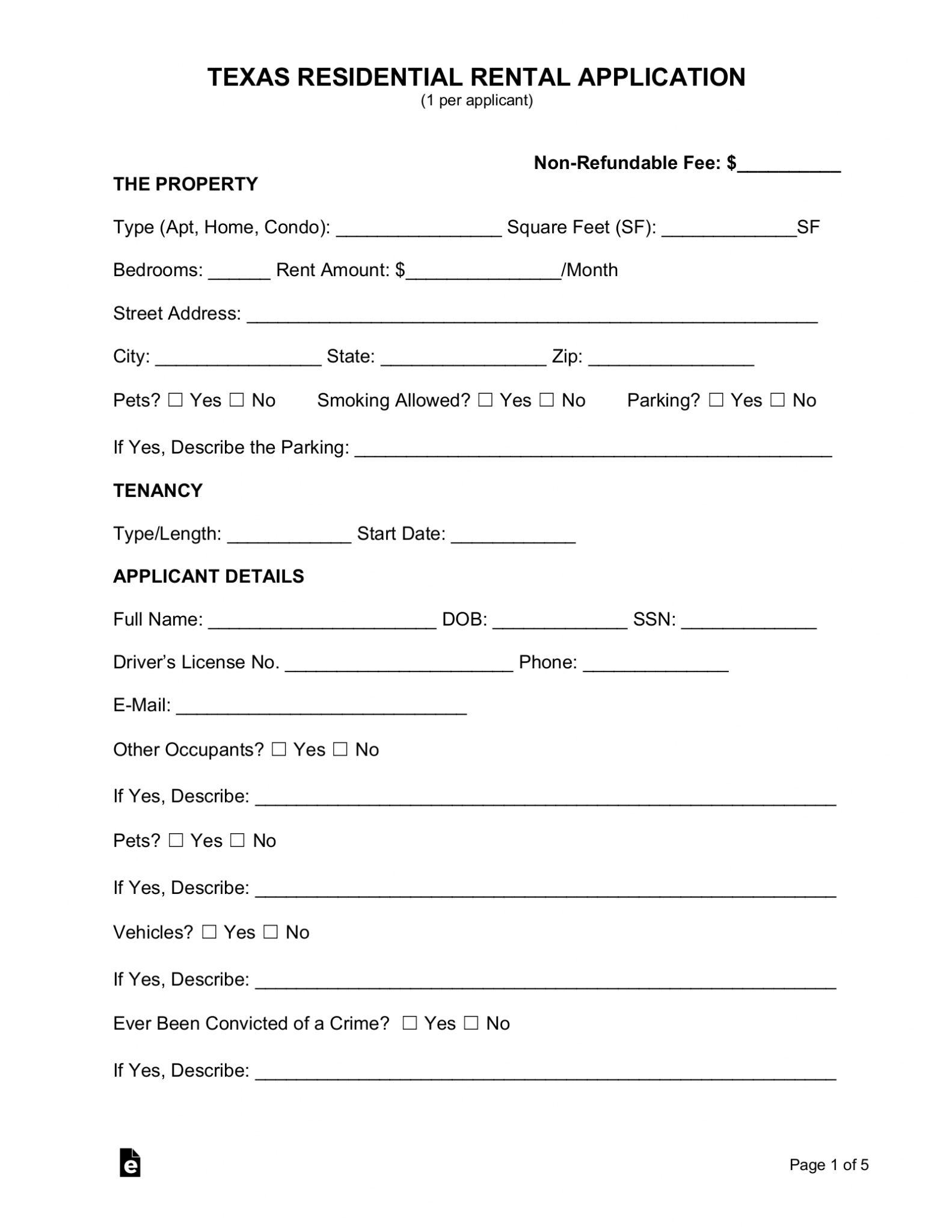 Free Texas Rental Application Form Word PDF EForms