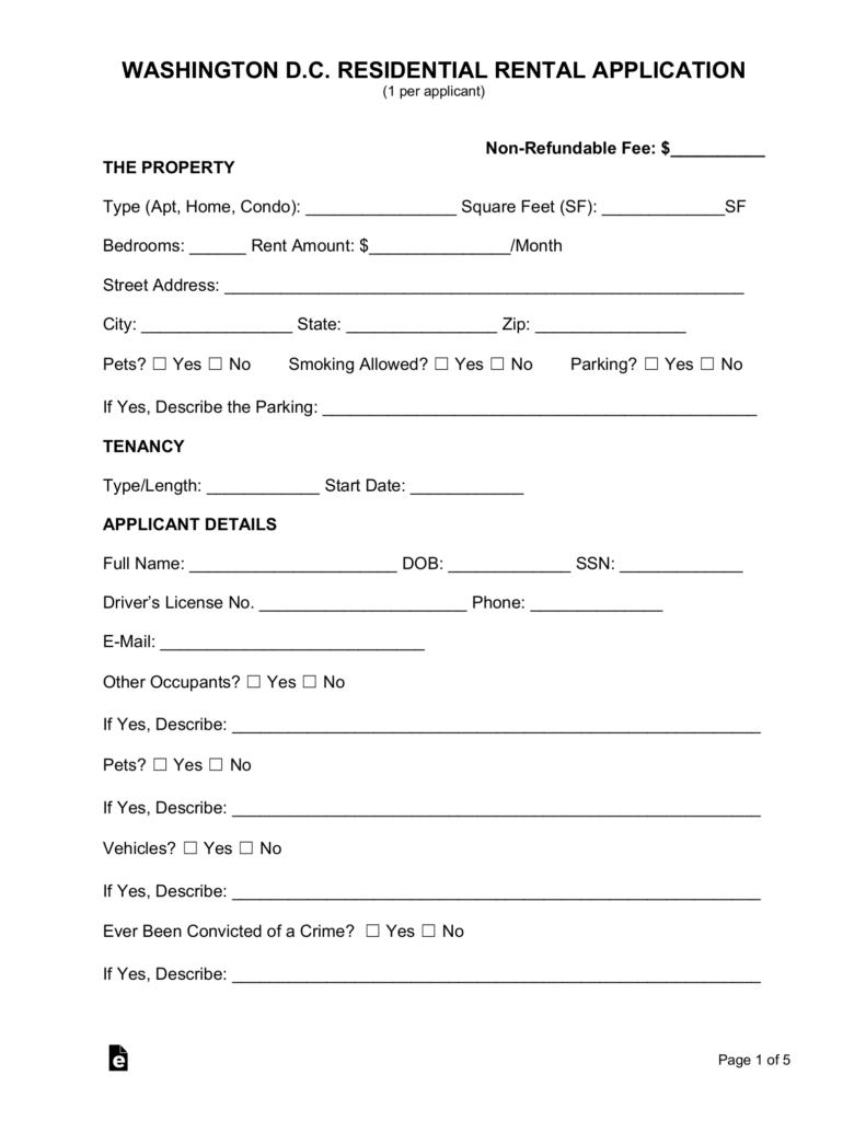 Free Washington D C Rental Application Form PDF EForms