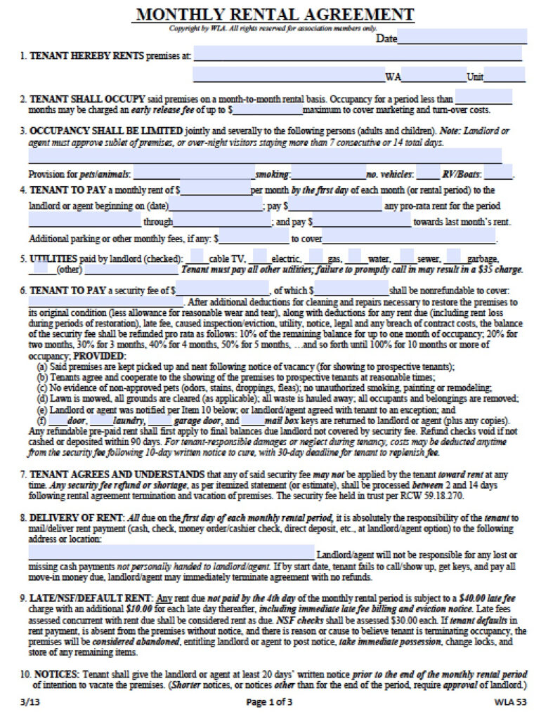 Free Washington Month to Month Lease Agreement Template PDF Word doc 
