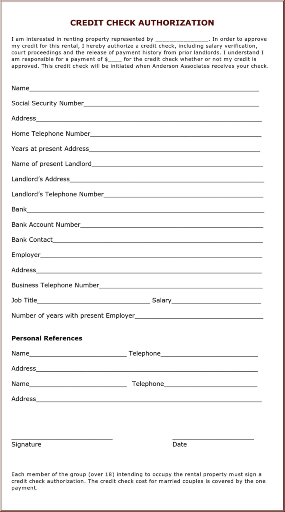Landlord Tenant Credit Check Authorization Download Free Printable 