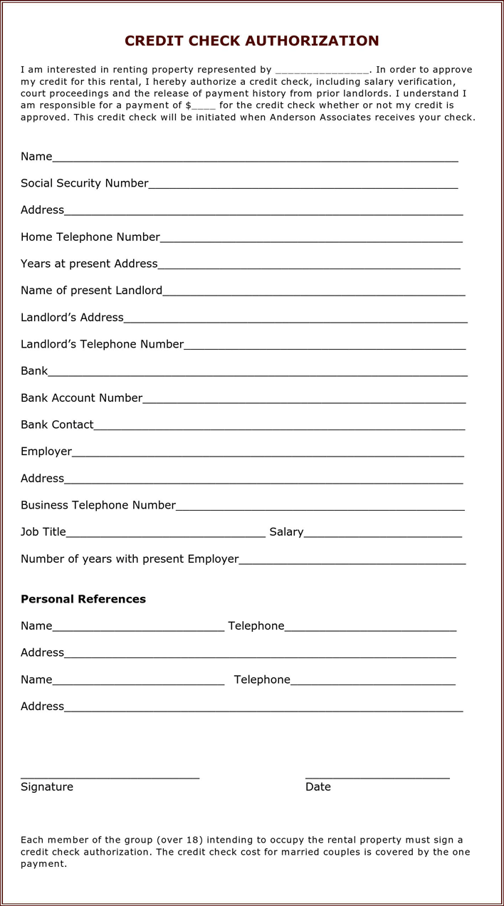 Landlord Tenant Credit Check Authorization Download Free Printable