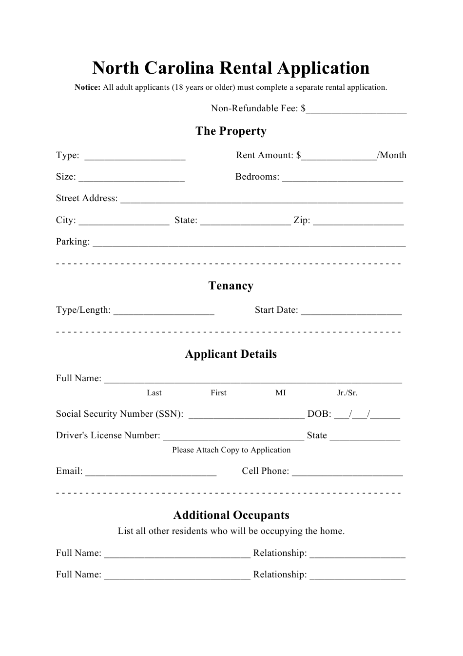 North Carolina Rental Application Form Download Printable PDF