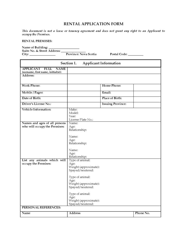 Nova Scotia Rental Application Form Legal Forms And Business 