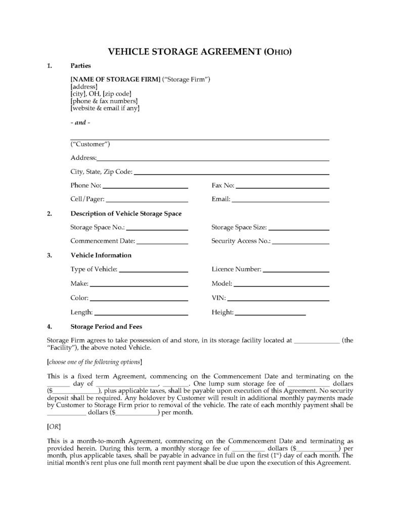 Ohio Vehicle Storage Agreement Form Legal Forms And Business 
