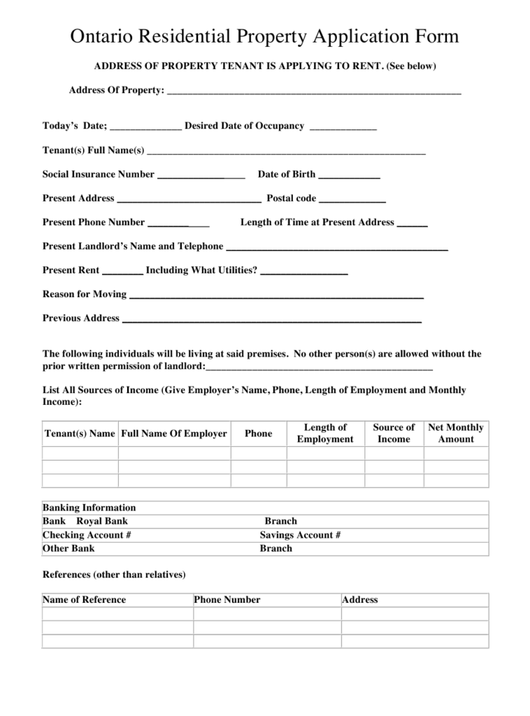 Ontario Canada Residential Property Application Form Download Printable 