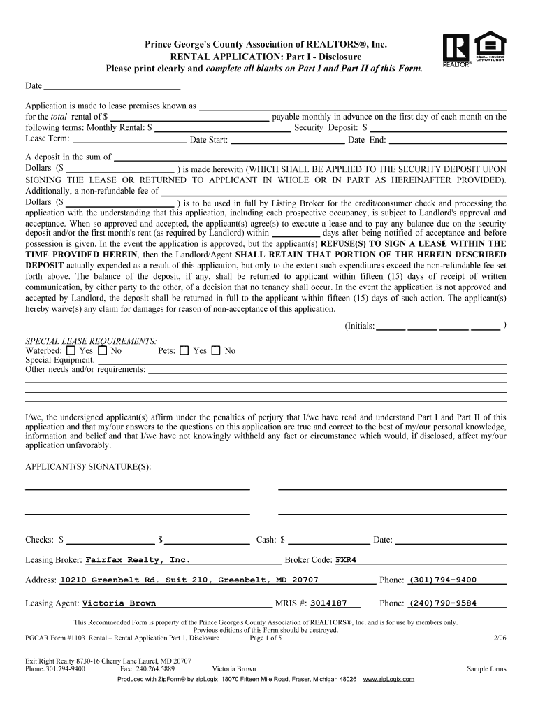 Prince George s County Rental Application Form Fill Out And Sign 