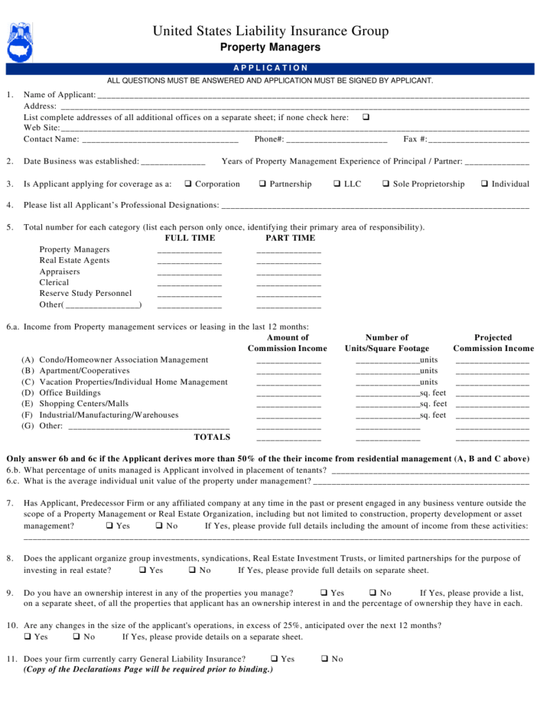 Property Managers Application Form United States Liability Insurance 