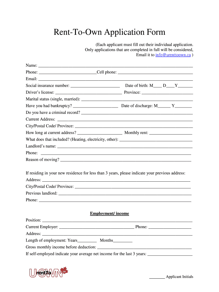 Rent To Own Application Form Urenttoown Fill And Sign Printable 
