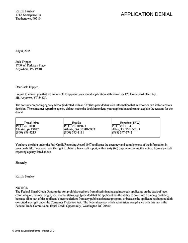 Rental Application Denial EZ Landlord Forms Rental Application 