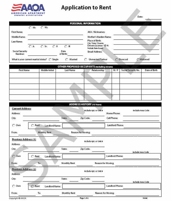 Rental Application Form Comprehensive AAOA