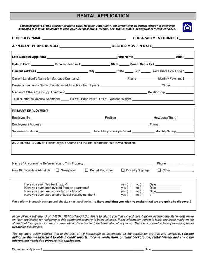 RENTAL APPLICATION Form In Word And Pdf Formats