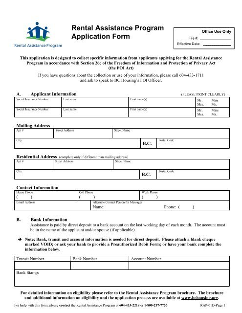 Rental Assistance Program Application Form BC Housing