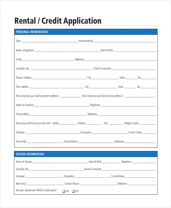 Rental Credit Application Form Pdf