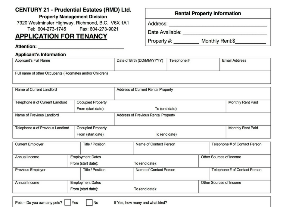 Rental Forms Documents Century 21 Prudential Estates Richmond BC