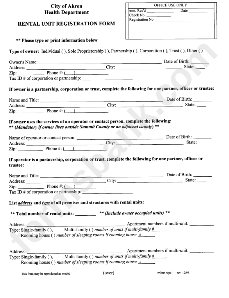 Rental Unit Registration Form Printable Pdf Download