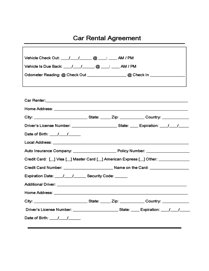 Sample Form For Car Rental And Lease Free Download