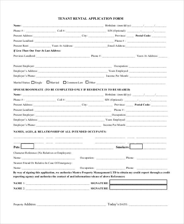 Sample Rental Application Form Alberta