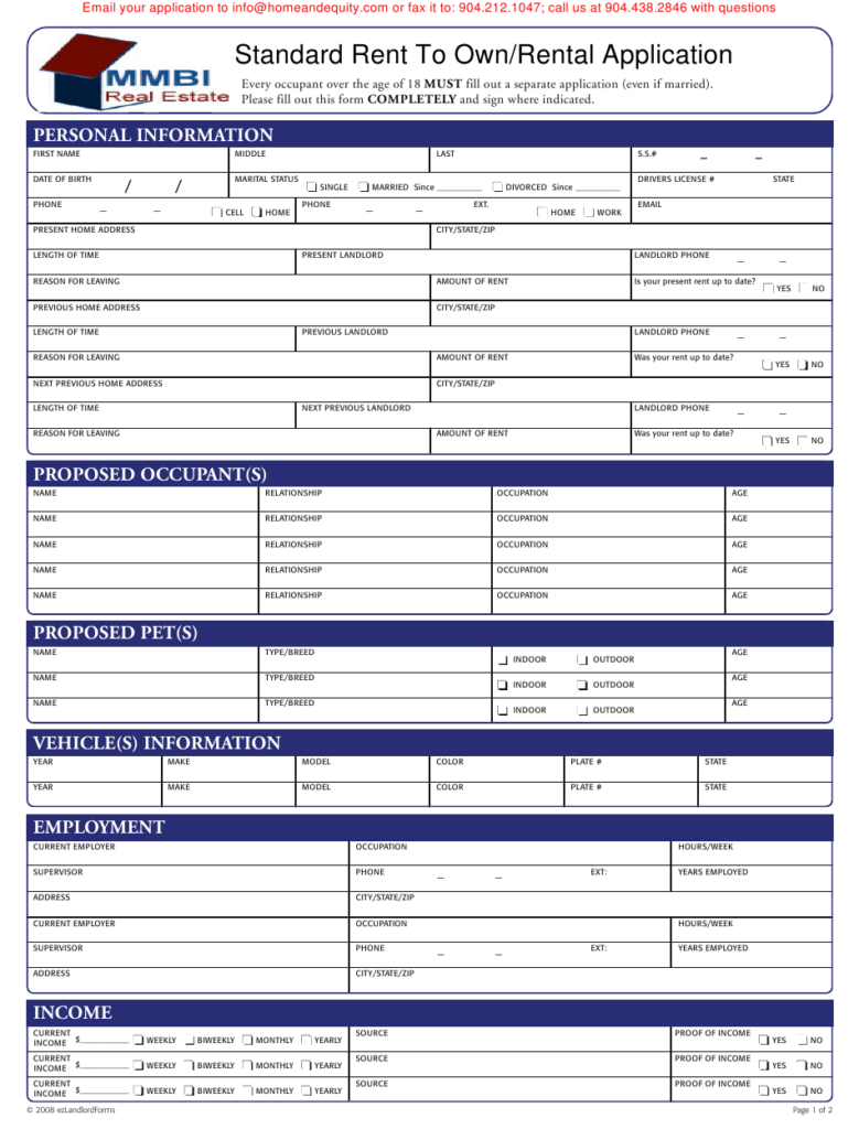 Standard Rent To Own Rental Application Form Mmbi Real Estate 
