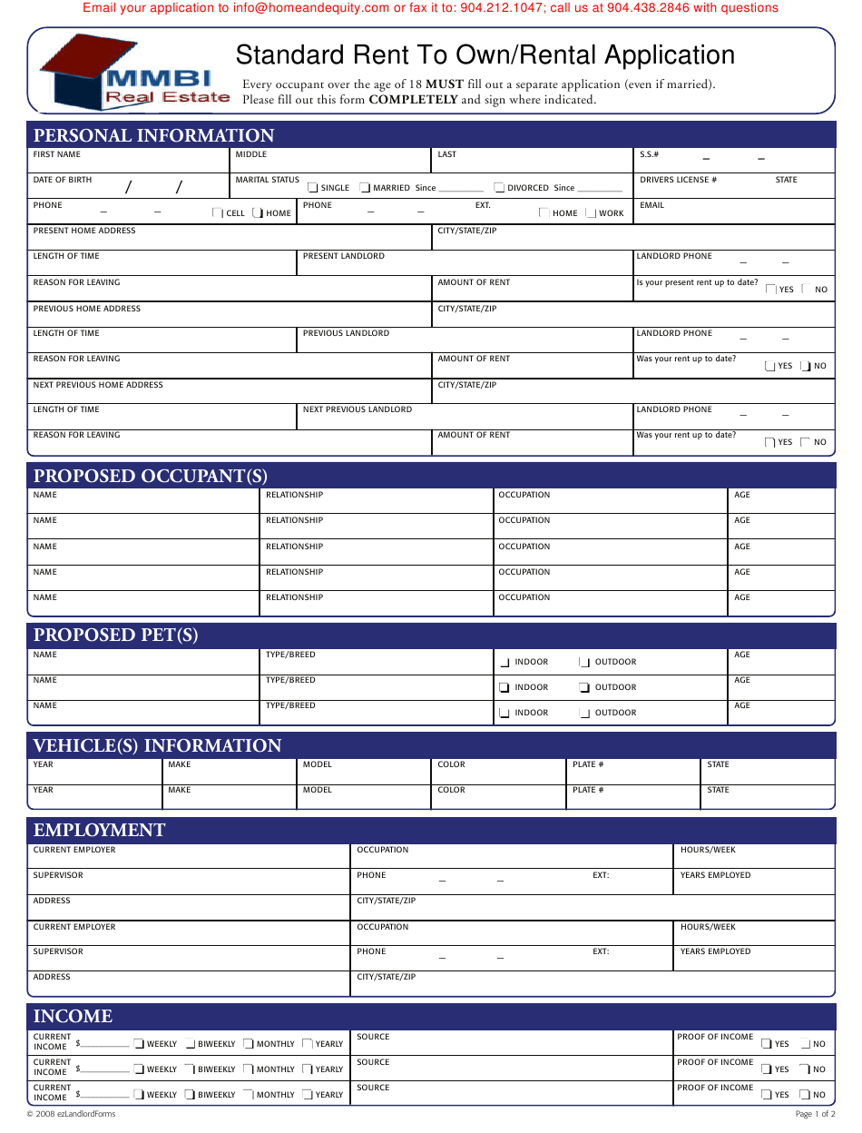 Standard Rent To Own Rental Application Form Mmbi Real Estate