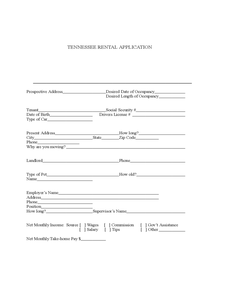 Tennessee Rental Application Form Free Download